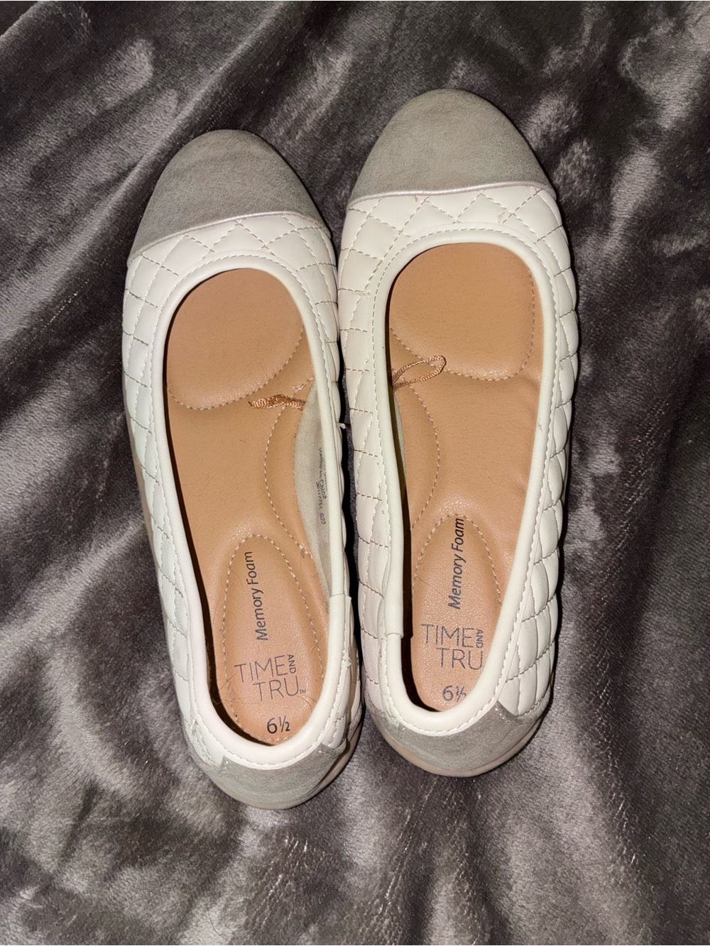Time and Tru White Quilted Ballet Flats with Gray Suede Toe